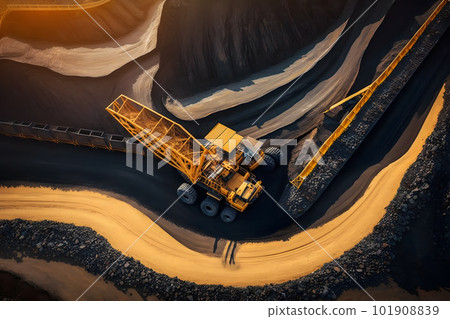 Open pit mine, extractive industry for coal. Big yellow mining truck machinery for coal quarry. Neural network AI generated art 101908839