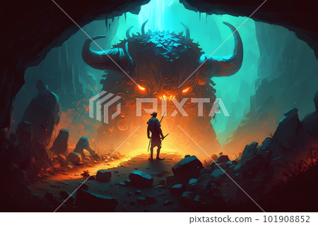 Theseus found the creature minotaur in cave labyrinth greek mythology tale. Neural network AI generated art Theseus found the creature minotaur in cave labyrinth greek mythology tale. Neural network AI generated art 101908852