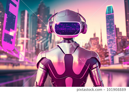 Metaverse digital cyber world technology, Human wears virtual reality glasses. Neural network AI generated art 101908889