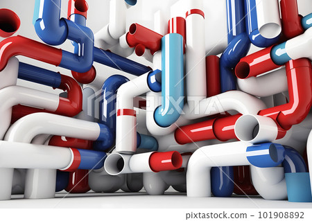 Abstract blue red and white pipes system on white background. Neural network AI generated art Abstract blue red and white pipes system on white background. Neural network AI generated art 101908892