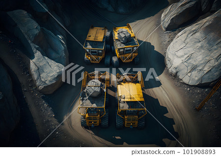 Open pit mine, extractive industry for coal. Big yellow mining truck machinery for coal quarry. Neural network AI generated art 101908893