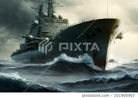 Navy aircraft carrier in wavy sea water. Neural network AI generated art Navy aircraft carrier in wavy sea water. Neural network AI generated art 101908903