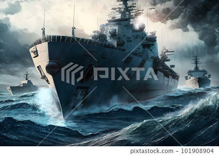 Navy aircraft carrier in wavy sea water. Neural network AI generated art 101908904