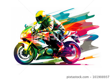 Sticker of Biker on sport motorcycle in watercolor style on white background. Neural network AI generated art 101908937