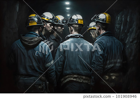 Back view of silhouettes of male workers in dark coal mine. Neural network AI generated art 101908946