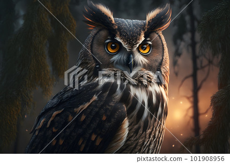European eagle owl perched on a post and staring forward against a dark background the eyes are penetrating the viewer. Neural network AI generated art 101908956