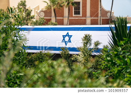 View of the Israeli flag through the leaves of plants in the old city of Jaffa in honor of Independence Day 101909357