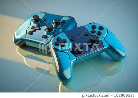 Two console gaming controllers with many buttons and glossy shiny body surface. Neural network AI generated art 101909535