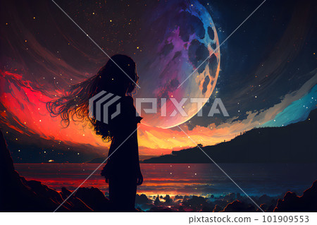 Abstract mystical woman silhouette against fairytale night epic sky in blue and orange tones. Neural network AI generated art 101909553