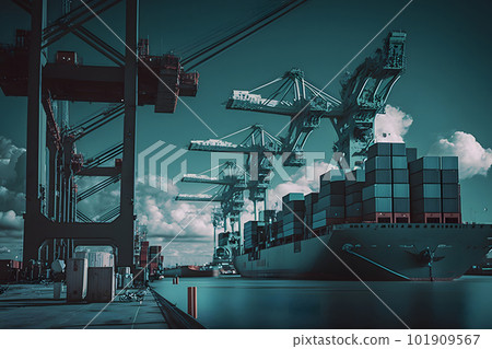 Crane loading cargo container import container ship in the international terminal logistic sea port concept freight shipping. Neural network AI generated art 101909567