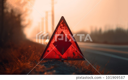 Red emergency stop sign,red triangle warning sign next to highway road, close-up, broken car, breakdown, safe traffic concept Red emergency stop sign,red triangle warning sign next to highway road, close-up, broken car, breakdown, safe traffic concept 101909587