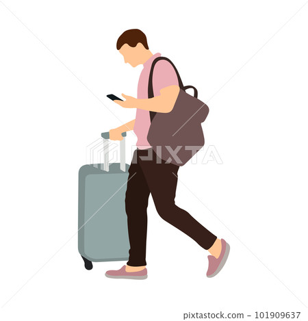 Man with suitcase going and watching his smartphone. Flat vector illustration. Man with suitcase going and watching his smartphone. Flat vector illustration. 101909637