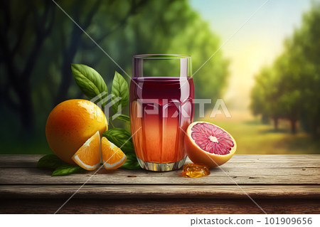 Glass of abstract fruit juice with fresh fruits on wooden table with summer field background. Neural network AI generated art Glass of abstract fruit juice with fresh fruits on wooden table with summer field background. Neural network AI generated art 101909656