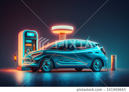 Electric car at charging station with blue and red glowing on dark background. Neural network AI generated art 101909665
