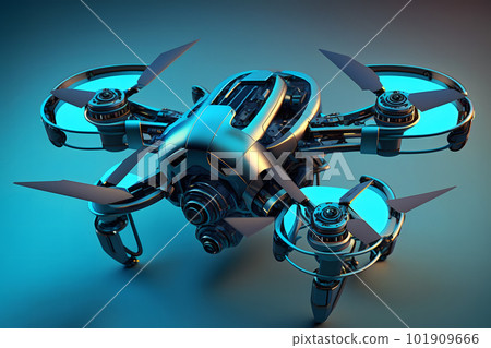 Realistic quadrocopter drone with propeller fans on glowing blue background. Neural network AI generated art 101909666