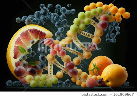 GMO food and Genetically modified crops or engineered agriculture concepts fruit and vegetables. Neural network AI generated art GMO food and Genetically modified crops or engineered agriculture concepts fruit and vegetables. Neural network AI generated art 101909667