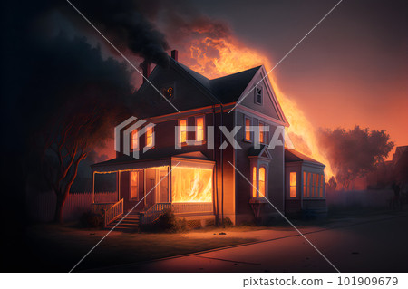 Residental building on fire accident in nighttime. Neural network AI generated art Residental building on fire accident in nighttime. Neural network AI generated art 101909679