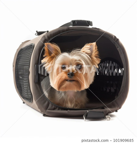 Small dog yorkshire terrier peeks out of a carrying bag, isolated on a white background, close-up Small dog yorkshire terrier peeks out of a carrying bag, isolated on a white background, close-up 101909685