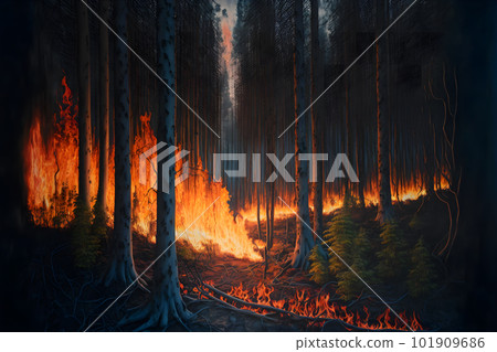 Large flames of forest fire accident. Neural network AI generated art Large flames of forest fire accident. Neural network AI generated art 101909686