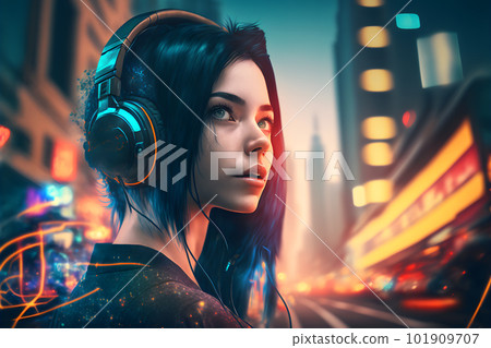 Portrait of young girl with black hair listening music with headphones on city street. Neural network AI generated art 101909707