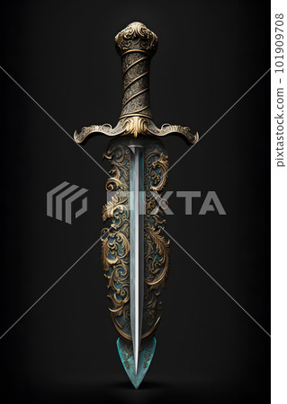 Medieval sword and scabbard. Fantasy golden sword with long blade. Neural network AI generated art 101909708