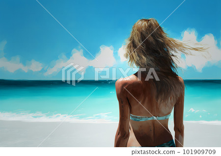 A elegant tourist woman in white summer dress walks on a tropical beach. Neural network AI generated art A elegant tourist woman in white summer dress walks on a tropical beach. Neural network AI generated art 101909709