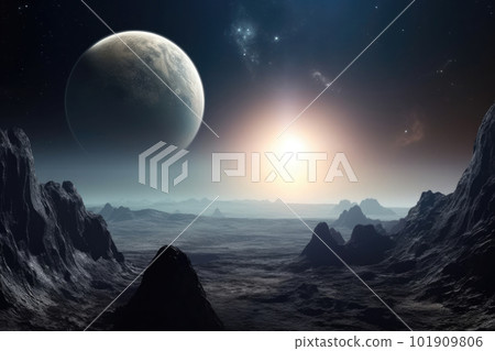 Surface of unknown planet with craters and mountains. Generative AI 101909806