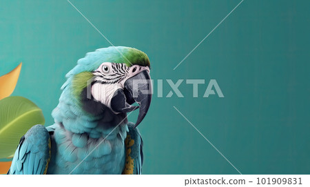 Tropical wallpaper banner with exotic parrot on vivid background. Generative AI 101909831