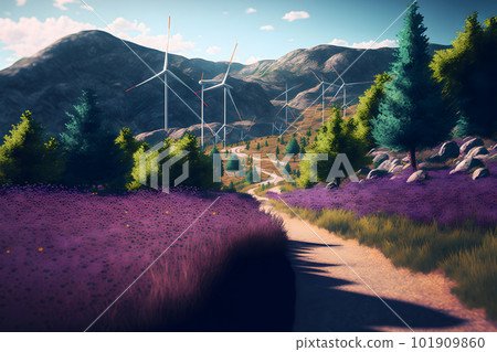 Aerial view of Lavender field with blooming purple bushes grown for cosmetic purposes. Wind turbines in the background. Neural network AI generated art 101909860