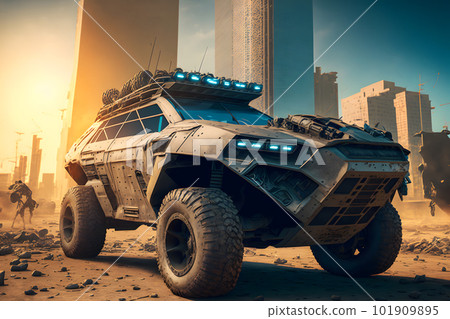 Modern futuristic off-road SUV car with turret in city center. Neural network AI generated art 101909895