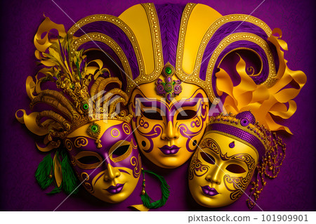 Group of venetian mardi gras mask or disguise on a colorful bright background. Neural network AI generated art 101909901