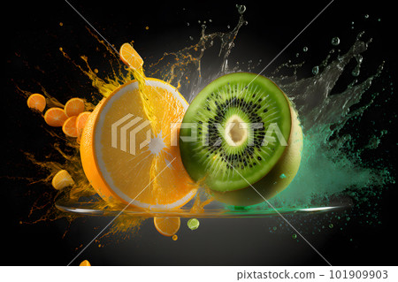 Qiwi and orange explosion splash moment on black background. Neural network AI generated art 101909903