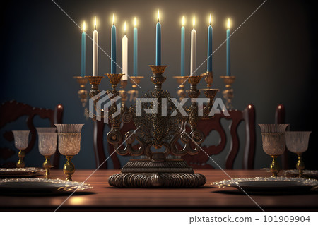 Hanukkah menorah on jewish traditional festive table. Neural network AI generated art 101909904