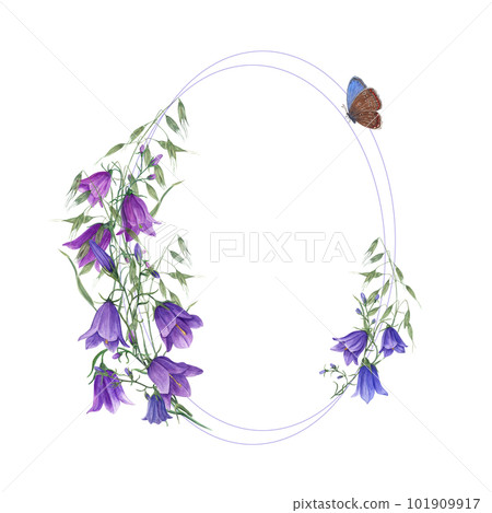 Watercolor frame with campanulas, wild oats and butterfly isolated on white background. Perfect for postcard design, invitation template, birthday, wedding, mothers day cards Watercolor frame with campanulas, wild oats and butterfly isolated on white background. Perfect for postcard design, invitation template, birthday, wedding, mothers day cards 101909917