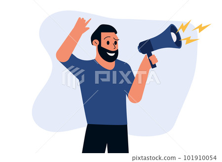 A man holds a megaphone and speaks into it. Business marketing concept illustration with people. Advertising or announcement of news. 101910054