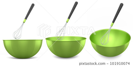 Metal bowl with whisk for preparation of dough isolated on white background. 101910074