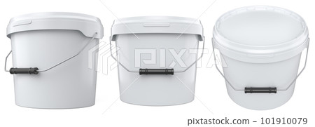Set of plastic cans or buckets of paint with handle on white background. 101910079