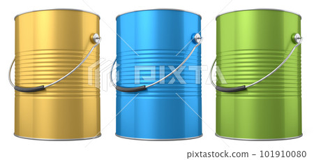 Set of metal cans or buckets of paint with handle on white background. 101910080