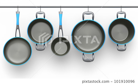 Set of stewpot, frying pan and chrome plated cookware hanging on shelf on white Set of stewpot, frying pan and chrome plated cookware hanging on shelf on white 101910096