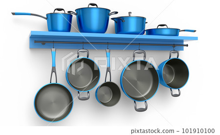 Set of stewpot, frying pan and chrome plated cookware hanging on shelf on white Set of stewpot, frying pan and chrome plated cookware hanging on shelf on white 101910100