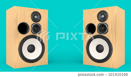 Hi-fi speakers with loudspeakers on stand on green background. 101910106