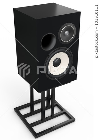 Hi-fi speakers with loudspeakers on stand on white background. 101910111