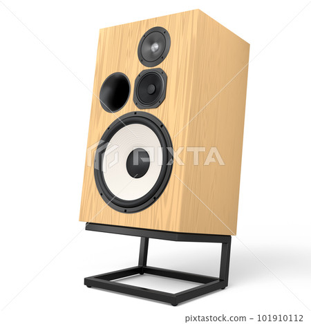 Hi-fi speakers with loudspeakers on stand on white background. 101910112