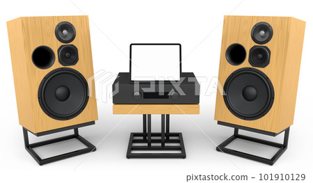 Set of Hi-fi speakers and DJ turntable for sound recording studio on white. 101910129