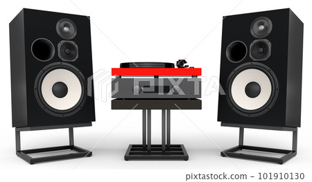 Set of Hi-fi speakers and DJ turntable for sound recording studio on white. 101910130