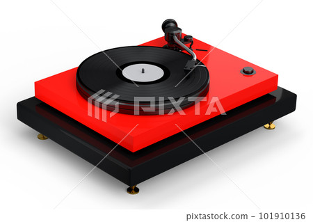 Vinyl record player or DJ turntable with retro vinyl disk on white background. 101910136