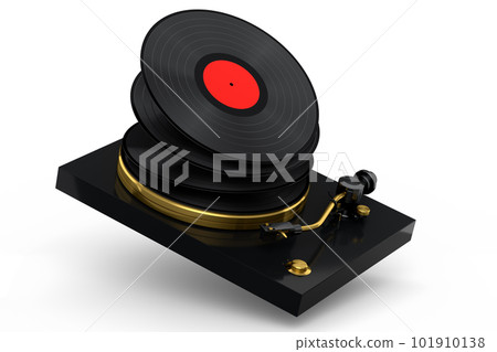 Vinyl record player or DJ turntable with flying vinyl plate on white background. 101910138