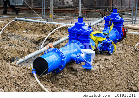 New 300mm city main drink water pipeline with gate valves before connecting to underground system 101910211