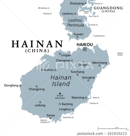 Hainan, the smallest and southernmost province of China, PRC, gray political map. Hainan Island with capital Haikou, and various smaller islands in the South China Sea, south of the Leizhou Peninsula. 101910223