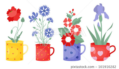 Summer flowers. Collection bouquets of red poppy, blue cornflowers, mallow and iris in cups. Vector illustration in flat style. Isolated seasonal flower compositions for design, decor and postcards. Summer flowers. Collection bouquets of red poppy, blue cornflowers, mallow and iris in cups. Vector illustration in flat style. Isolated seasonal flower compositions for design, decor and postcards. 101910282